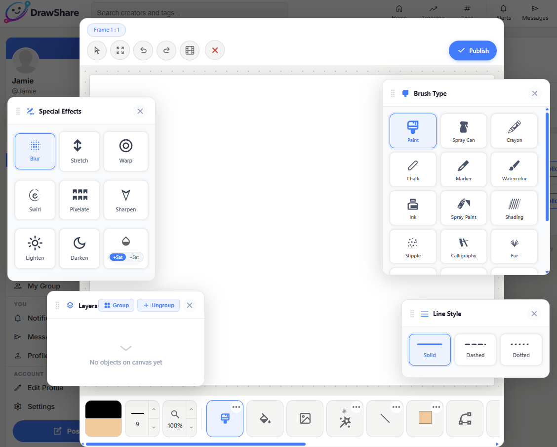 DrawShare drawing tools — brushes, color, layers, and canvas controls